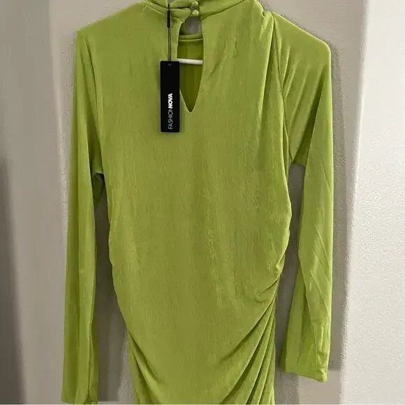 Fashion Nova Lily Ruched Long Sleeve Maxi Dress Size Large Lime Green New - Picture 8 of 13